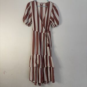 Knox Rose Women’s Small Wrap Tie Maxi Dress Rust Ivory Puff Sleeve Striped
